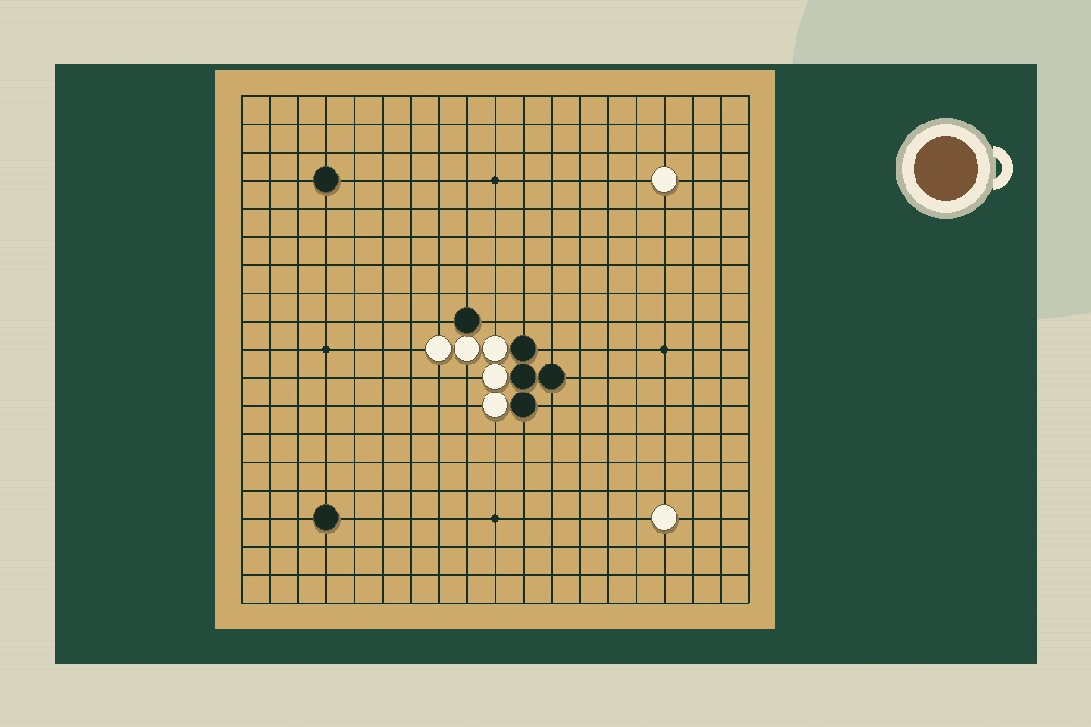 围棋棋盘与黑白棋子主题独立插画,非赛事现场、真人肖像或官方活动照片